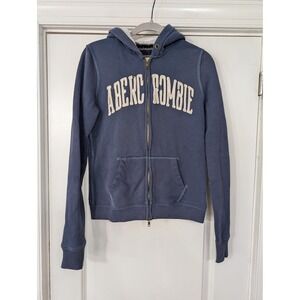 Y2K Abercrombie & Fitch Full Zip‎ Hoodie Sweatshirt Blue Collegiate Logo Medium